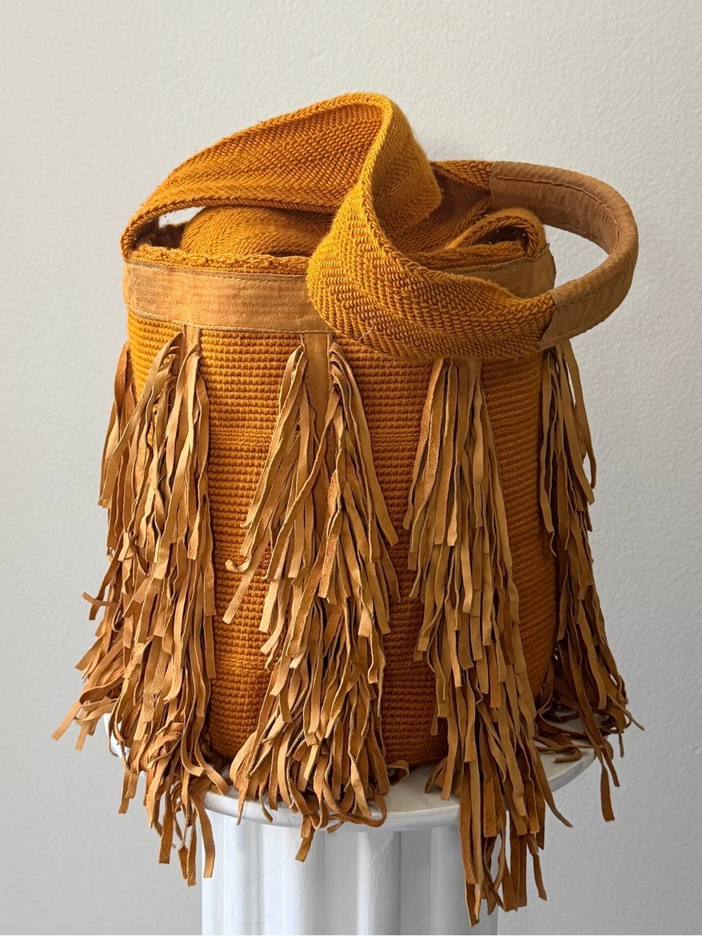 Vintage Mustard Woven Fringe Shoulder Bag